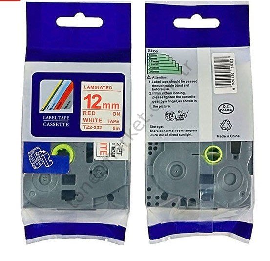 Brother TZE-232 Beyaz Üzerine Kırmızı Muadil Etiket Şeridi 12mm x 8m
